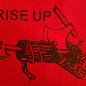 May include: A red flag with a black star and an axe with a bundle of sticks. The text "RISE UP" is printed in black at the top of the flag.
