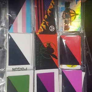 May include: A collection of triangular flags with various colors and designs, including black and white, red and black, green and black, purple and black, and a transgender pride flag. The flags are displayed in a clear plastic binder with the text "POISON" visible on one of the flags.