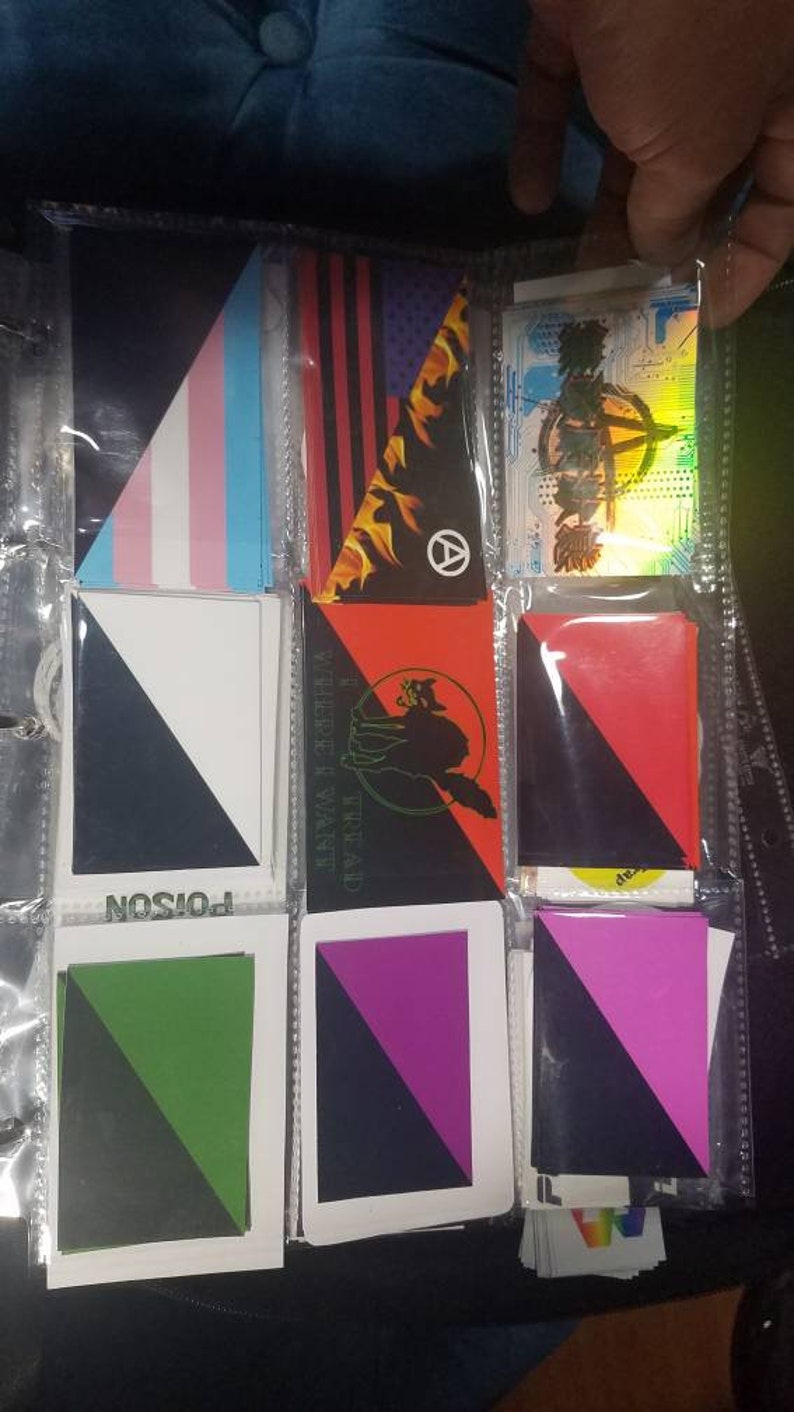 May include: A collection of triangular flags with various colors and designs, including black and white, red and black, green and black, purple and black, and a transgender pride flag. The flags are displayed in a clear plastic binder with the text "POISON" visible on one of the flags.