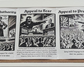 May include: Black and white illustration of three different types of logical fallacies: Appeal to Authority, Appeal to Fear, and Appeal to Prejudice. Each illustration shows a person speaking to a crowd of people. The text "Appeal to Authority" is written in bold letters at the top of the first illustration. The text "Appeal to Fear" is written in bold letters at the top of the second illustration. The text "Appeal to Prejudice" is written in bold letters at the top of the third illustration.