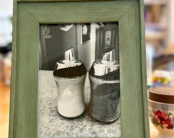 Salt and Pepper Shakers Black and White Photo set in 5x7 vintage green, rustic wood frame