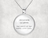 Petrichor- glass pendant unusual word necklace