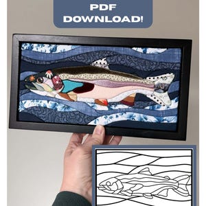 May include: A framed fabric collage of a fish swimming through blue patterned waves, featuring various textures and colors. Above the frame, the text reads INSTANT PDF DOWNLOAD. A black and white line drawing of the fish design is included.