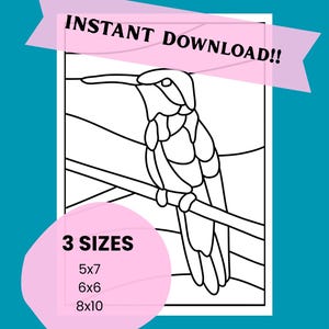 Może przedstawiać: Czarno-biała grafika przedstawiająca kolibra siedzącego na gałęzi. Obraz zawiera tekst "INSTANT DOWNLOAD!!" oraz różowy okrąg z napisem "3 SIZES" i wymiarami 5x7, 6x6 i 8x10.