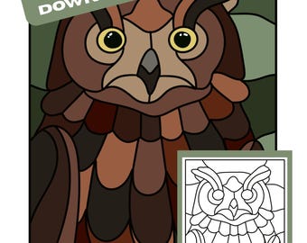 Puede incluir: Una ilustración digital de un búho con plumas marrones y bronceadas, ojos amarillos y un pico oscuro. La imagen presenta una pancarta verde con el texto INSTANT PDF DOWNLOAD y una versión más pequeña en blanco y negro del búho.
