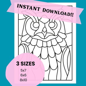 Puede incluir: Página para colorear de búho en blanco y negro con el texto "INSTANT DOWNLOAD!!" y "3 SIZES" con opciones de tamaño 5x7, 6x6 y 8x10. El diseño del búho presenta un contorno detallado, perfecto para colorear.