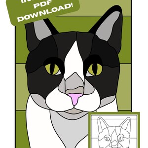 May include: A digital pattern for a stained glass cat head featuring black, white, and grey segments with yellow eyes and a pink nose. The background is olive green with horizontal stripes. Text reads INSTANT PDF DOWNLOAD!