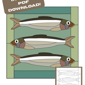 May include: A digital pattern featuring three stylized fish arranged horizontally on a green background, with a brown label at the top reading INSTANT PDF DOWNLOAD and a small black and white line drawing of the same design in the corner.