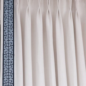 Blend Linen-Cotton with Greek Key Trim-Drapery with Accent Trim in "Embroidery Greek Key" - 2.75"w. Trim Avail. in Navy, Grey, Green, & more