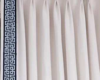 Linen Cotton Blend Drapery Panel with Navy Greek Key Trim
