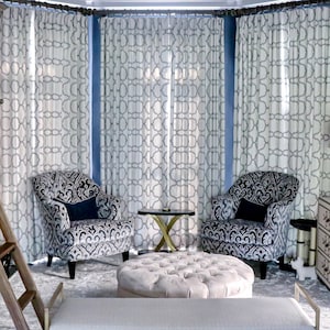 Geometric Embroidered Custom Drapes in &quot;Orsay&quot; - Custom Curtain Panels - Made to Order Pleated Drapery - Avail. in Bleu, Harvest, & Natural
