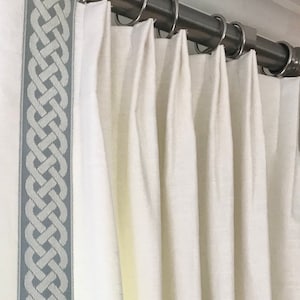 Linen Drapes with Braided Accent Trim in &quot;Braided Lattice&quot; - 2.5 Inch Drapery Tape - Custom drapery White Linen Drapes with Trim - Trim/Tape
