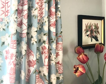 Asian Chinoiserie Linen Blend Drapery Panel: Coral Reef Print