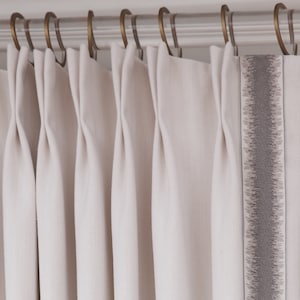 Linen Drapes with &quot;Flame-stitch&quot; Trim -  2 3/8&quot; Trim Applied to Drapery Panels - Custom Drapes Available in White, Grey, and More.