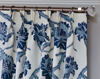 French General Drapery in &quot;Laureate&quot; - Made to Order Linen Curtain Panels - Dark Blue Floral Pleated Curtains - Linen Drapery