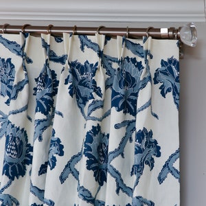 French General Drapery in &quot;Laureate&quot; - Made to Order Linen Curtain Panels - Dark Blue Floral Pleated Curtains - Linen Drapery