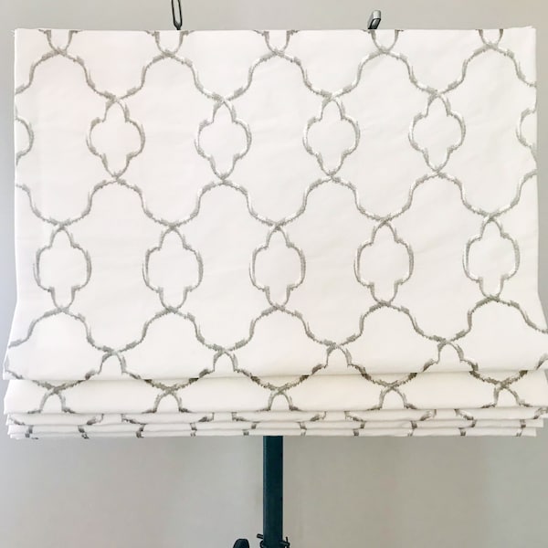 Embroidery Lattice Trend-Cordless Roman Shade -Custom size -  Flat Roman Shades - Cordless or Clutch System - White-silver  Roman Shades