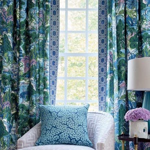 Pagoda Trees - Custom Curtain Panels - Custom Pleated Drapes - Custom Roman Shades - Five colors. Made to Order. Thibaut