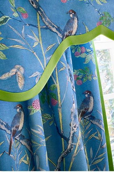 Thibaut Claire Drapery Panel, Shown in Navy.  Elegant Bird Print Curtain, Open and Airy Print Curtain, Made to Order.