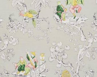 Schumacher Chinoiserie Moderne Curtain Panel, Soft Grey, Graphite & Aqua