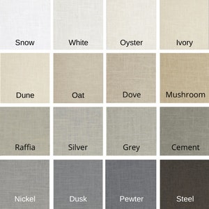 May include: A color chart showing 16 different shades of gray, from white to black. The shades are arranged in four rows of four, with each shade labeled with a name. The names are: Snow, White, Oyster, Ivory, Dune, Oat, Dove, Mushroom, Raffia, Silver, Grey, Cement, Nickel, Dusk, Pewter, Steel.