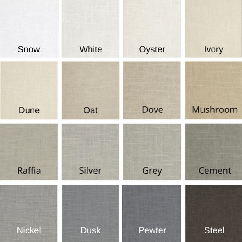 May include: A color chart showing 16 different shades of gray, from white to black. The shades are arranged in four rows of four, with each shade labeled with a name. The names are: Snow, White, Oyster, Ivory, Dune, Oat, Dove, Mushroom, Raffia, Silver, Grey, Cement, Nickel, Dusk, Pewter, Steel.