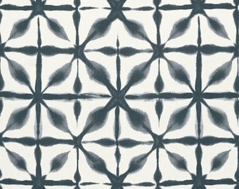 May include: A seamless pattern of dark blue stylized flowers on a white background. The pattern is repeated throughout the image.