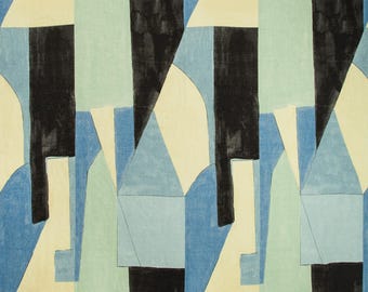 May include: Abstract geometric pattern in shades of blue, black, and cream. The design features overlapping shapes, including triangles and rectangles, creating a modern, artistic look. The fabric has a textured appearance.