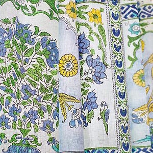 Thibaut Indian Panel Drapery, Shown in Blue and Yellow. Floral Drapery Panel, Large Print Curtain, Leaf Print Curtain, Made to Order