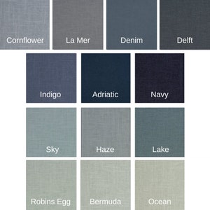 May include: A color chart with 12 different shades of blue, ranging from light to dark. The colors are labeled with names like Cornflower, La Mer, Denim, Delft, Indigo, Adriatic, Navy, Sky, Haze, Lake, Robins Egg, Bermuda, and Ocean.