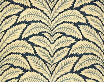 May include: A repeating pattern of stylized leaves in cream, light blue, and navy blue. The leaves are arranged in a symmetrical design, creating a textured, organic aesthetic. The background is a deep navy blue.