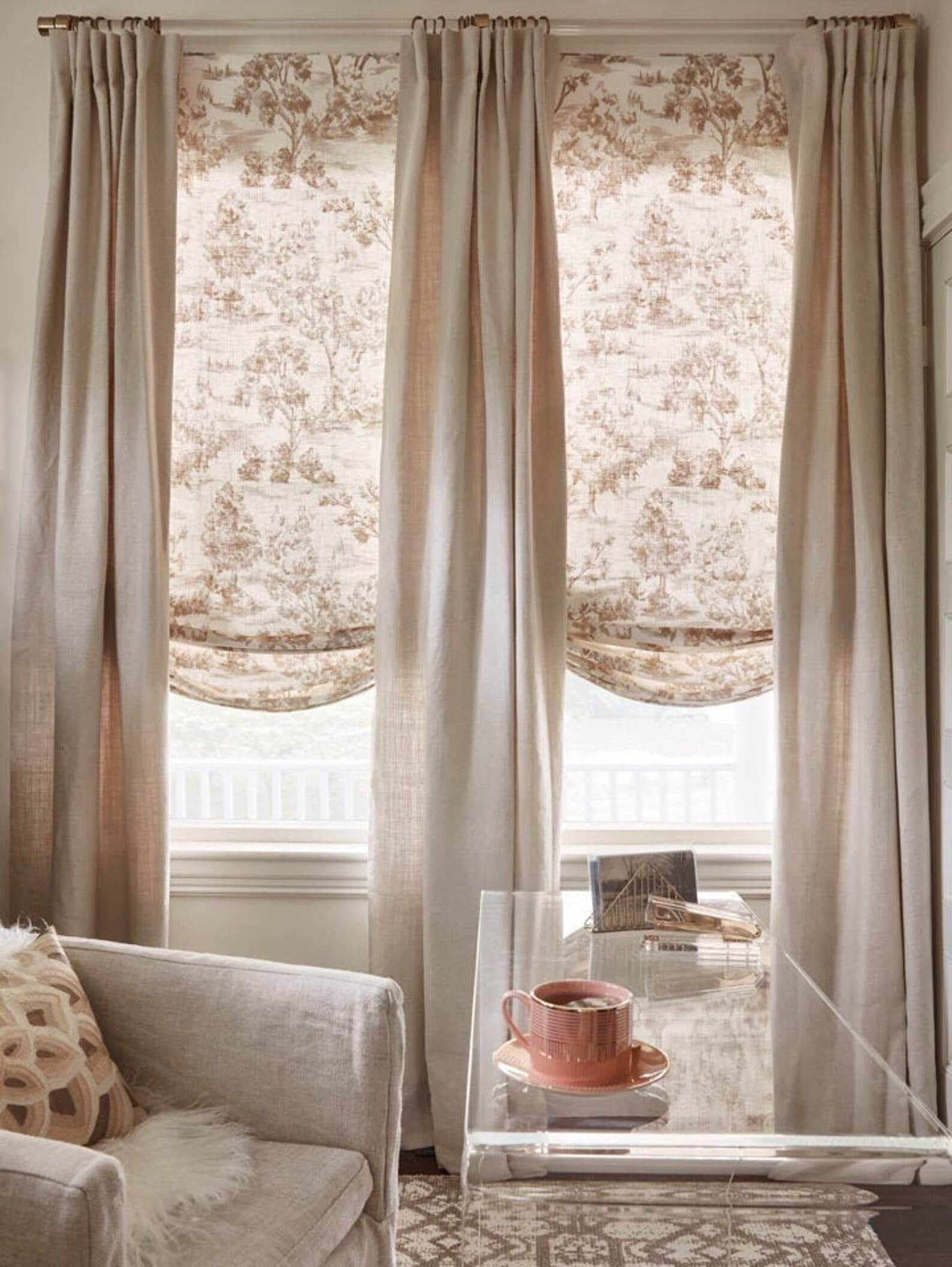 Chinoiserie Toile Relax Roman Shades in "Arbe Toile" - Clutch System Roman Shades. In Ash , Chambray ,La Me, Coal. And more colors.
