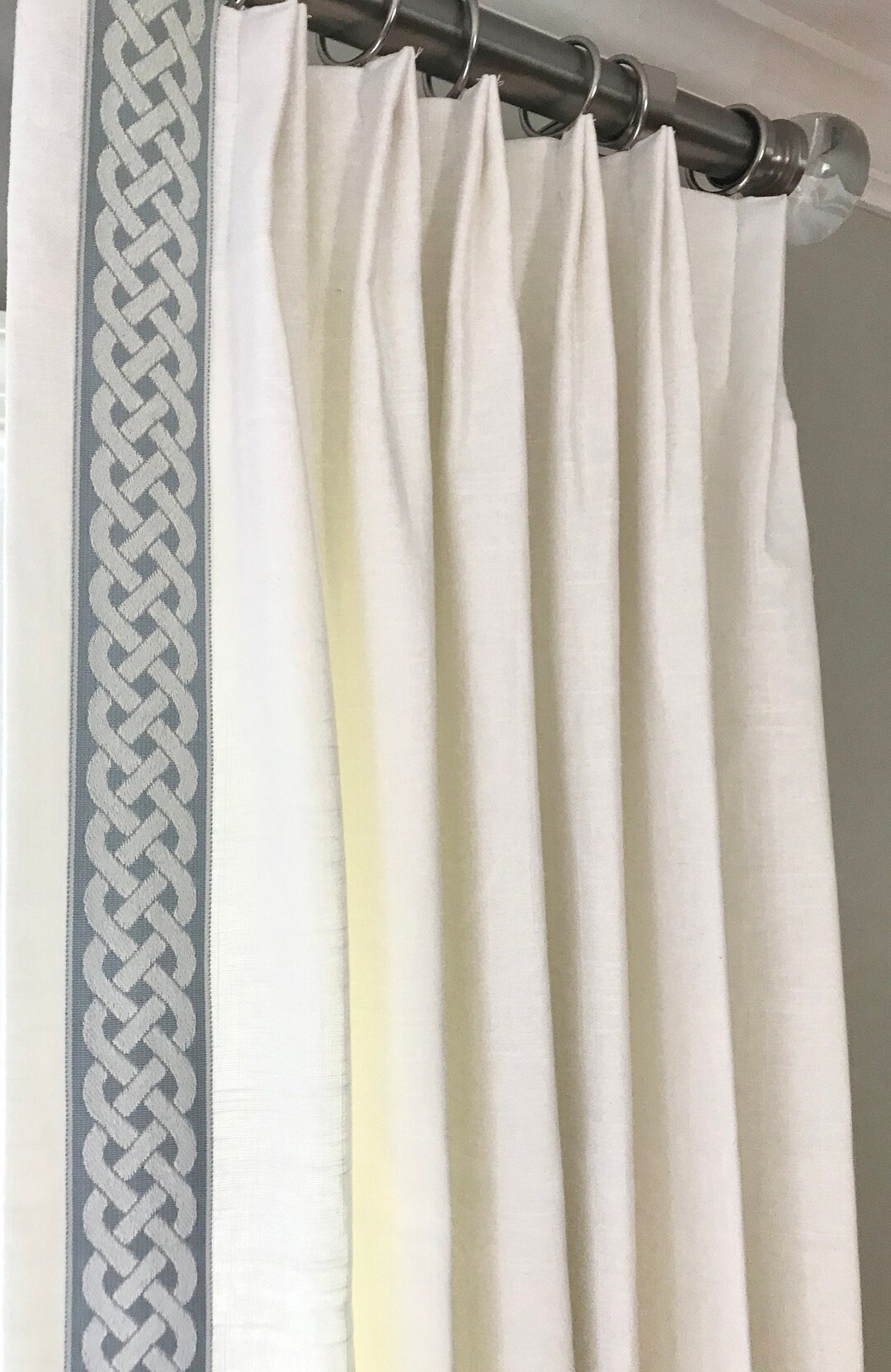 White Linen Drapes With Braided Lattice Trim - Custom Drapery - Etsy