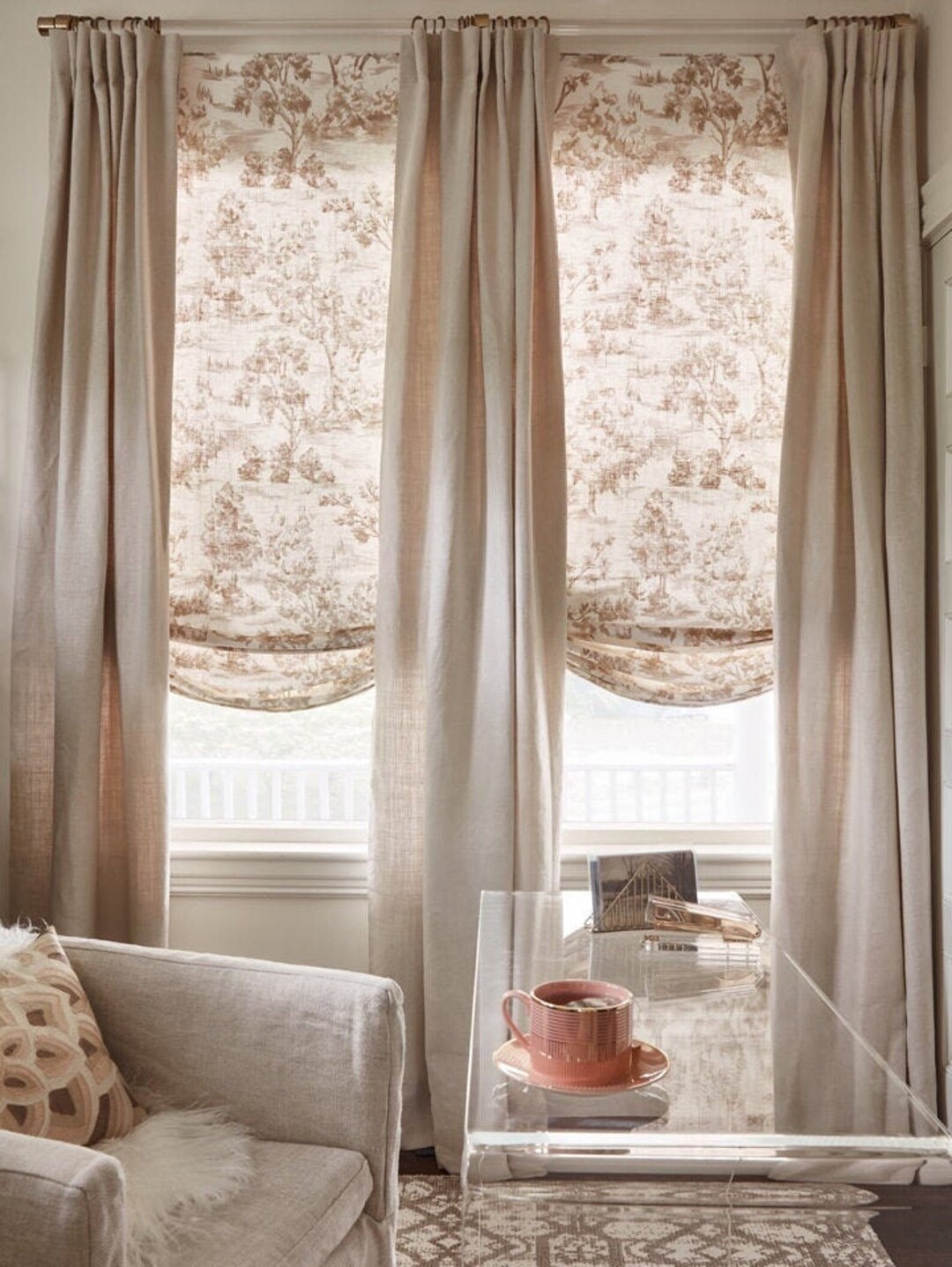 Rustic Drapery Blue Toile Linen Drapery Panels: Rustic Floral Print Curtains - Etsy