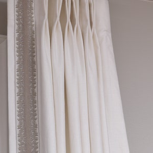 Custom Drapery Pacific Linen with Decorative  Flame-stitch Trim 2 3/8&quot;wide trim tape, available in 9 color. Cashmere, Blueprint, Sapphire...