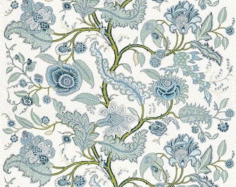 May include: A seamless pattern featuring a stylized floral design with blue and green leaves and flowers on a white background.