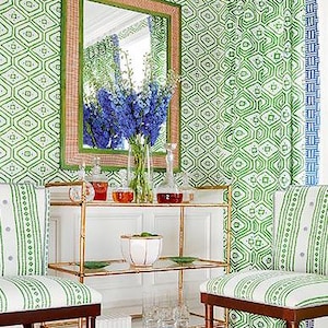 Thibaut Pass-A-Grille Drapery Panel, Shown in Green. Large Print Curtain, Geometric Print Curtain. Made to Order