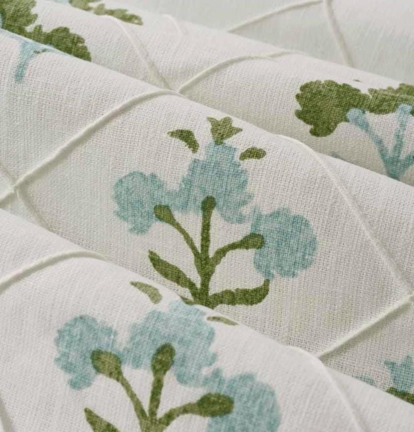 Viola Pintuck Custom Drapery Panel, Shown in Spring. Pintuck Drapery Panel, Hand Block Print curtain, Made to Order