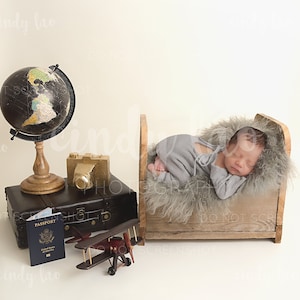 Newborn Digital Backdrop | World Traveler | Wooden Bed Prop | for boys or girls