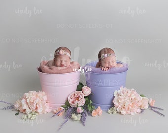 Newborn Digital Backdrop | Twin Floral Bucket Prop | Prop for girls