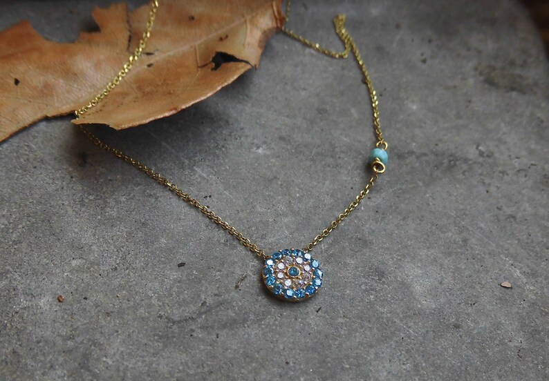 Gold Necklace,Evil Eye Necklace,Cz zirconia,Turquoise gemstones,Turquoise Necklace,Protection,Good Luck,Bridal Jewelry,Birthday,Women Gift