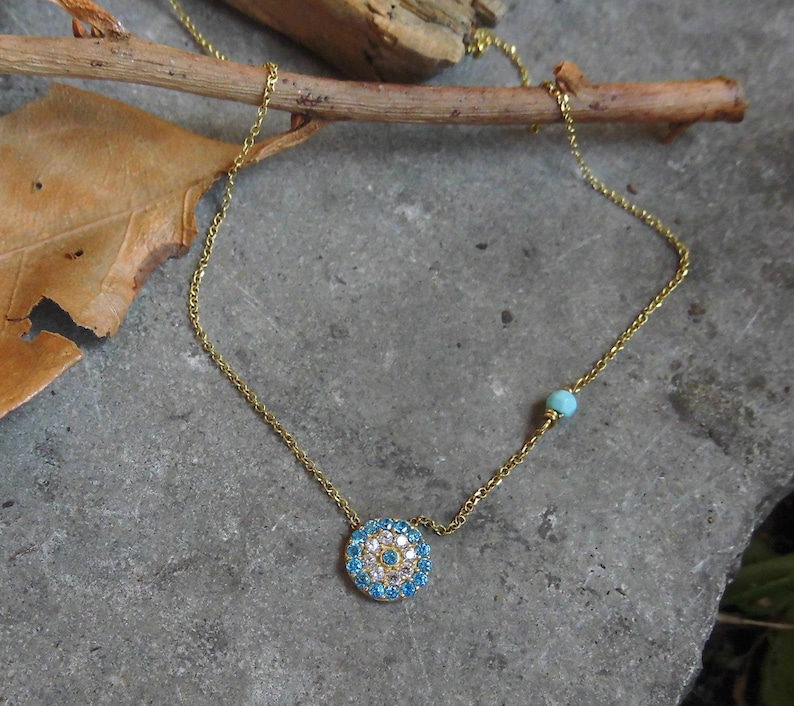 Gold Necklace,Evil Eye Necklace,Cz zirconia,Turquoise gemstones,Turquoise Necklace,Protection,Good Luck,Bridal Jewelry,Birthday,Women Gift