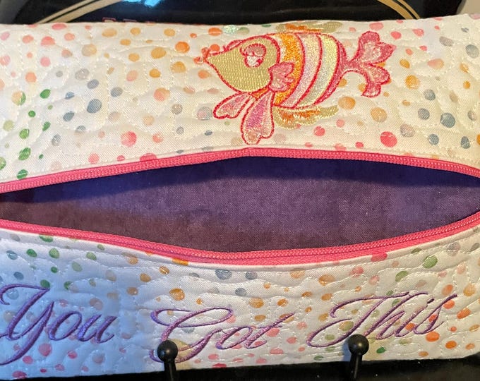 Custom Embroidered and Quilted Makeup or Utility Bag   Size is 8.5x5.5