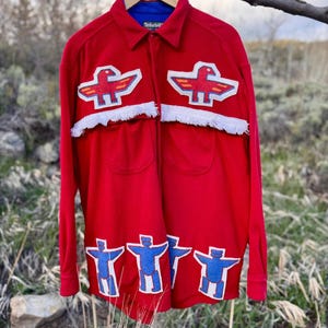 Upcycled Timberland Fleece Western Shirt Fringe Pocket Red Button Down (XXL)