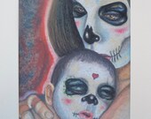 Mommy and me sugar skull art catrina art baby and mom grieving gift original art mother 39 s day art day of the dead sugar skull art