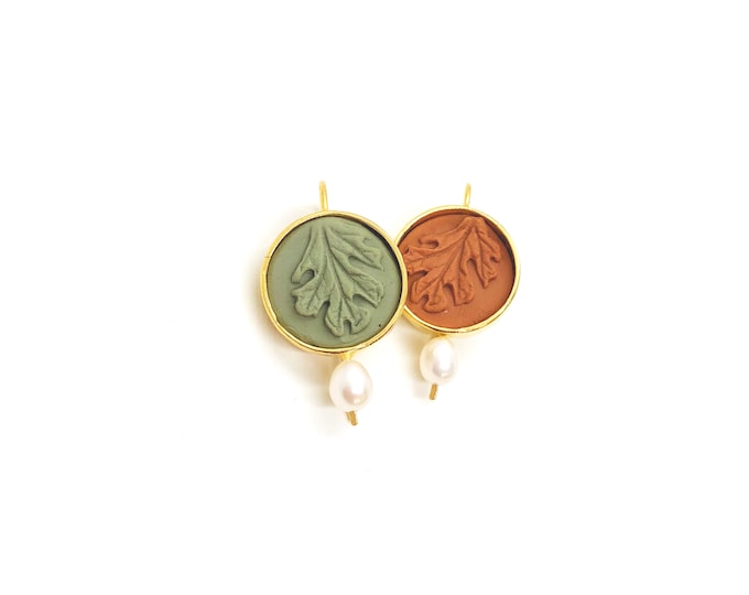clay leaf earrings with pearls