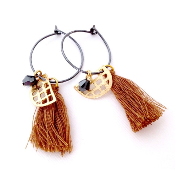 silver hoop earrings with cotton tassels and gold charms