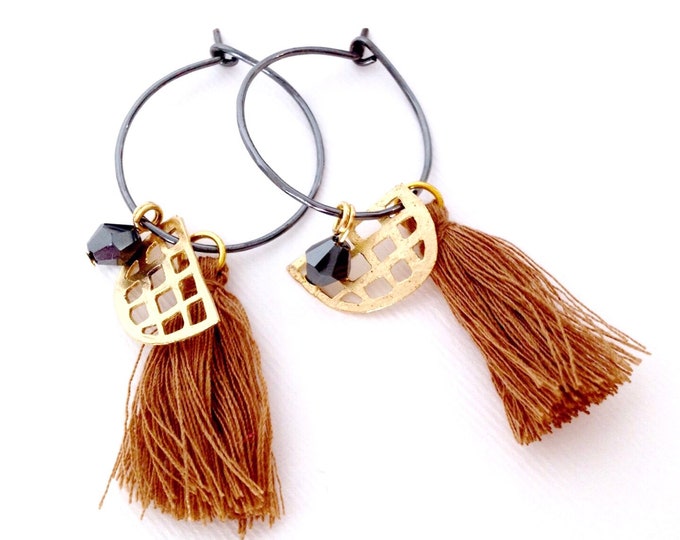 silver hoop earrings with cotton tassels and gold charms