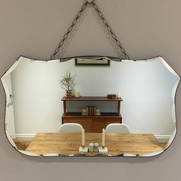 Vintage frameless bevelled edge wall mirror on chain art deco / mid Century / 1930's / 1940's / 1950's / 1960's