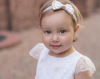 Tulle christening gown with gold lace with headband, off white with gold